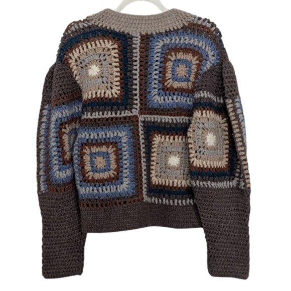SEA New York Farrah Crochet Sweater Womens Size XS Brown Blue Wool Alpaca Crop - Picture 8 of 12